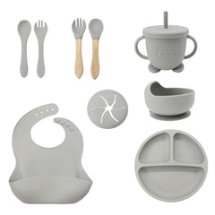 Silver 9 Pcs Silicone Bibs and Baby Feeding Set