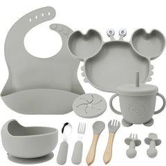 Silver 11-Piece Crab Silicone Bibs and Baby Feeding Set