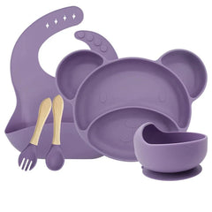 Burgundy Set with silicone bowl 5-piece Silicone Bibs and Baby Feeding Set | Baby Utensils