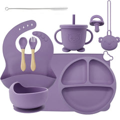 10-piece set with a pacifier and pacifier holder: Burgundy 10-Piece Silicone Bib and Baby Feeding Set | Baby Utensils