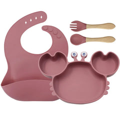 4-Piece Set With Wooden Spoon and Fork Dark pink Crab Shaped Silicone Bib and Baby Feeding Set