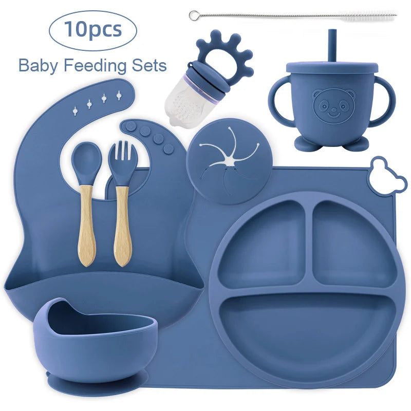 10-piece set with cup cover and fruit pacifier: Dark Blue 10-Piece Silicone Bib and Baby Feeding Set | Baby Utensils