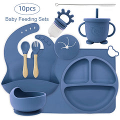 10-piece set with cup cover and fruit pacifier: Dark Blue 10-Piece Silicone Bib and Baby Feeding Set | Baby Utensils