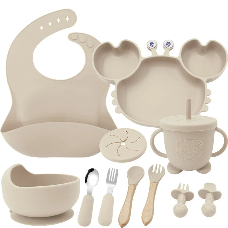 Beige 11-Piece Crab Silicone Bibs and Baby Feeding Set