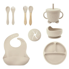 Beige 9 Pcs Silicone Bibs and Baby Feeding Set