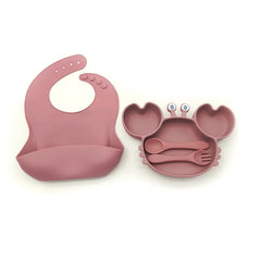 4-Piece Set With Silicone Spoon and Fork Dark pink Crab Shaped Silicone Bib and Baby Feeding Set