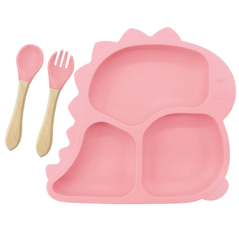 3 piece Pink Dino Silicone Baby Feeding Set | Best Baby Utensils