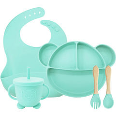 5-Piece Set cyan Mickey Mouse Silicone Bibs and Baby Feeding Set