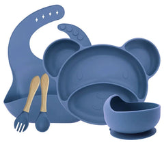 Midnight Blue Set with silicone bowl 5-piece Silicone Bibs and Baby Feeding Set | Baby Utensils