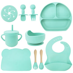 cyan 10-Piece Silicone Bibs and Bowl Set | Baby Utensils
