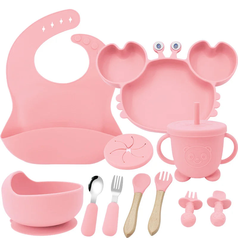 Light pink 11-Piece Crab Silicone Bibs and Baby Feeding Set
