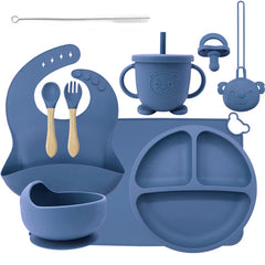 10-piece set with a pacifier and pacifier holder: Dark Blue 10-Piece Silicone Bib and Baby Feeding Set | Baby Utensils