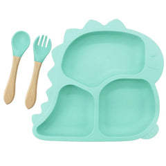 3 piece cyan Dino Silicone Baby Feeding Set | Best Baby Utensils