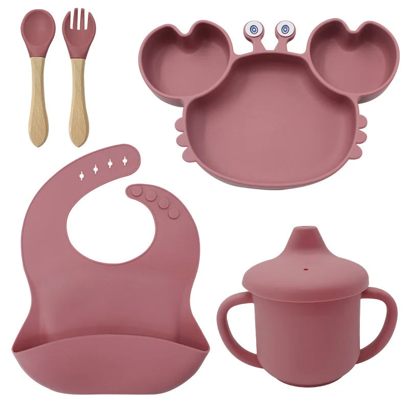 5-Piece Set With Wooden Spoon and Fork Dark pink Crab Shaped Silicone Bib and Baby Feeding Set