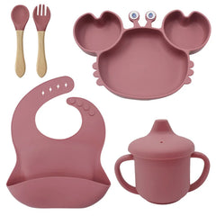 5-Piece Set With Wooden Spoon and Fork Dark pink Crab Shaped Silicone Bib and Baby Feeding Set