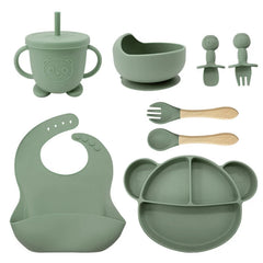 8-Piece Set Matcha Green Mickey Mouse Silicone Bibs and Baby Feeding Set
