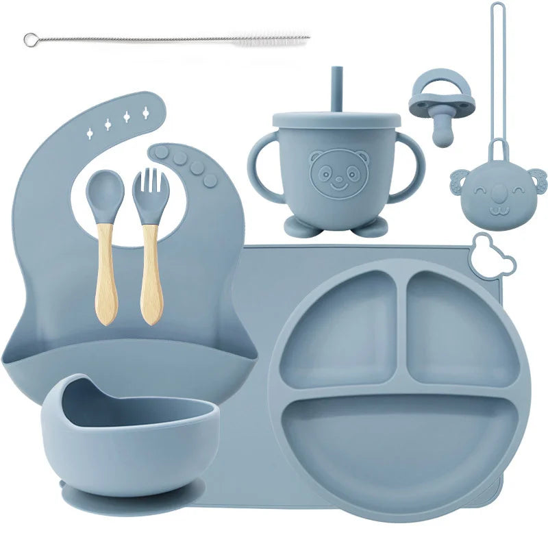 10-piece set with a pacifier and pacifier holder: Light Blue 10-Piece Silicone Bib and Baby Feeding Set | Baby Utensils