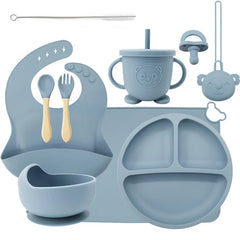 10-piece set with a pacifier and pacifier holder: Light Blue 10-Piece Silicone Bib and Baby Feeding Set | Baby Utensils