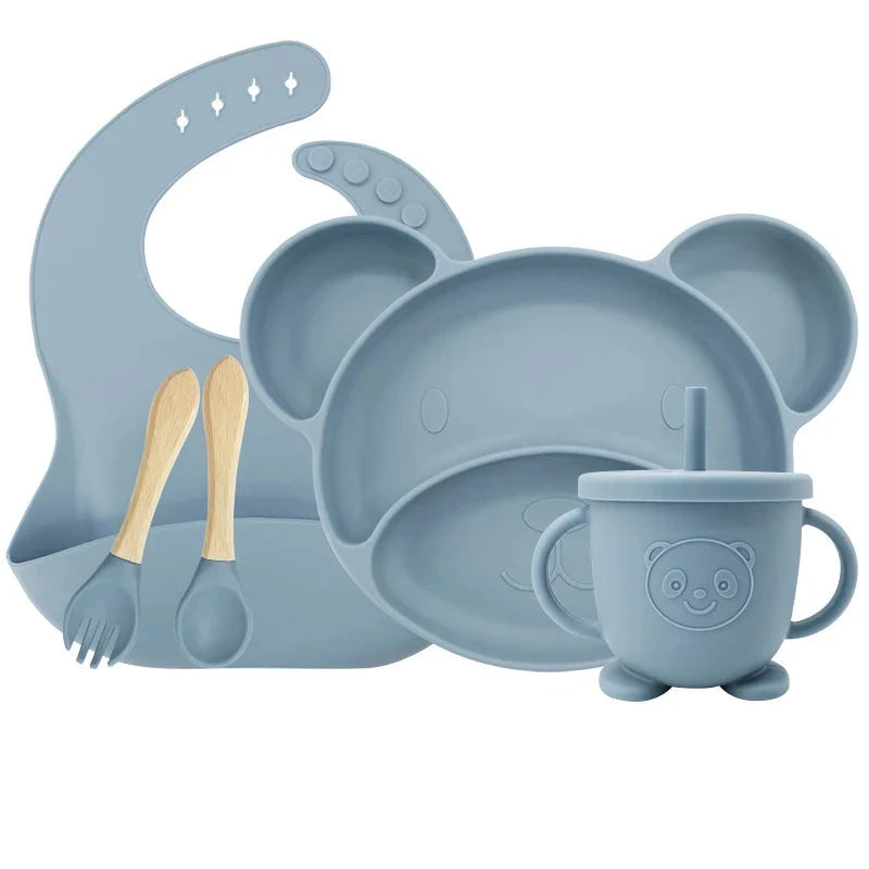 Light Blue Set with sip cup 5-piece Silicone Bibs and Baby Feeding Set | Baby Utensils