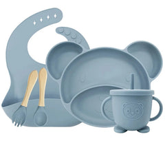 Light Blue Set with sip cup 5-piece Silicone Bibs and Baby Feeding Set | Baby Utensils