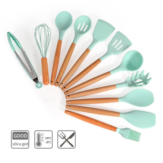 11-Piece Silicone Utensils with Wooden Handle