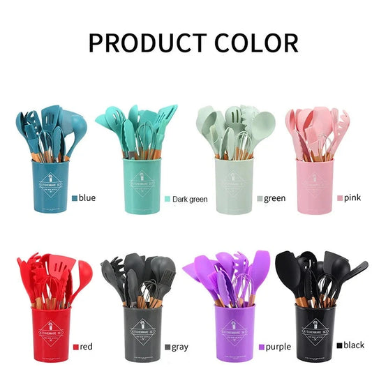11-Piece Silicone Utensils with Wooden Handle