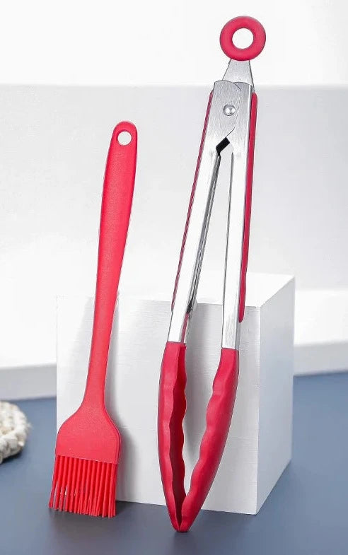 High-Temperature Resistant Silicone Tongs with Basting Brush