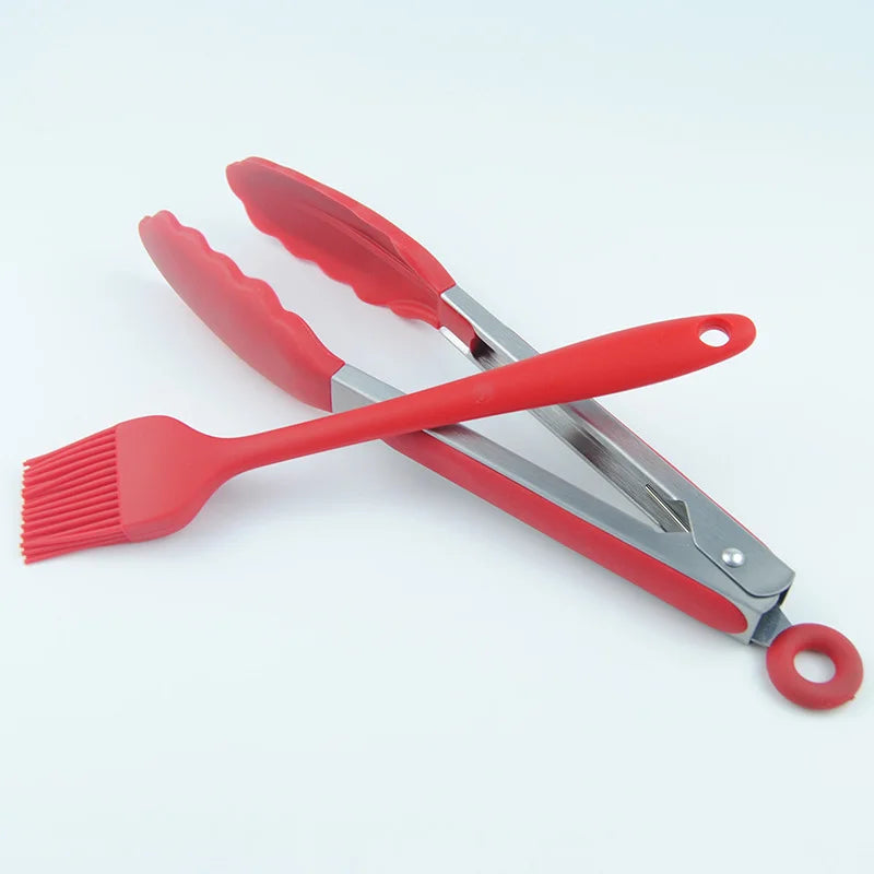 Red High-Temperature Resistant Silicone Tongs with Basting Brush