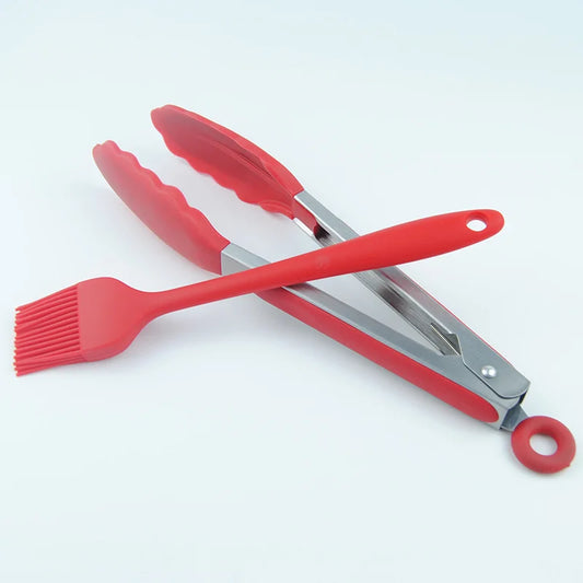 Red High-Temperature Resistant Silicone Tongs with Basting Brush