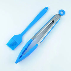 Blue High-Temperature Resistant Silicone Tongs with Basting Brush