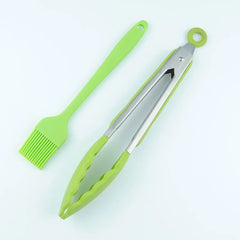 Green High-Temperature Resistant Silicone Tongs with Basting Brush