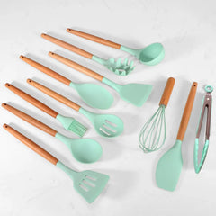 green 11-Piece Silicone Utensils with Wooden Handle