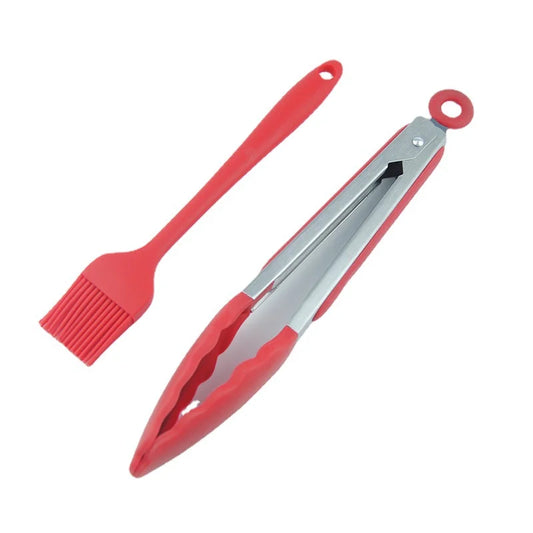 High-Temperature Resistant Silicone Tongs with Basting Brush