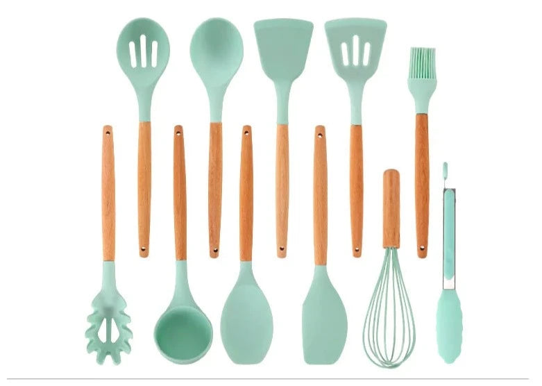 11-Piece Silicone Utensils with Wooden Handle