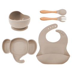 5 Pieces Beige Silicone Baby Feeding Set | Anti Slip Baby Utensils