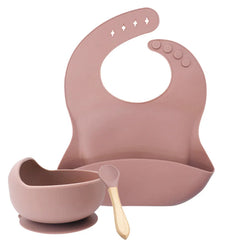 Pink 3-Piece Baby Feeding Set | Silicone Bib and Bowl