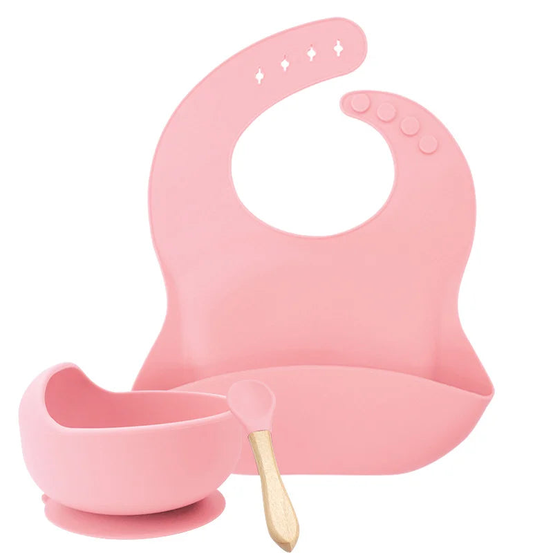 Baby Pink 3-Piece Baby Feeding Set | Silicone Bib and Bowl
