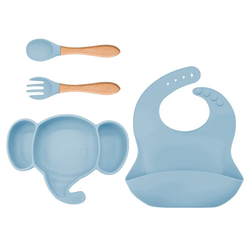 4 Pieces Light Blue Silicone Baby Feeding Set | Anti Slip Baby Utensils