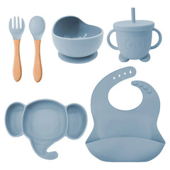 6 Pieces Light Blue Silicone Baby Feeding Set | Anti Slip Baby Utensils