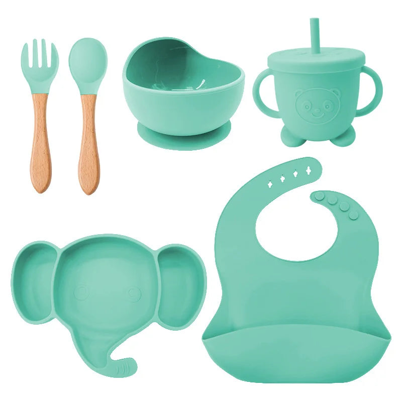 6 Pieces Matcha Green Silicone Baby Feeding Set | Anti Slip Baby Utensils