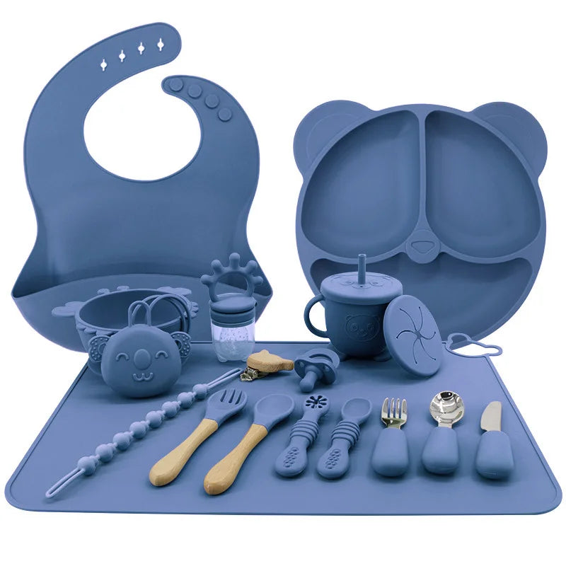 Ocean Blue 17-piece All-In-One Silicone Baby Feeding Set | Baby Utensils