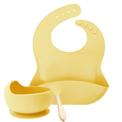 Yellow 3-Piece Baby Feeding Set | Silicone Bib and Bowl