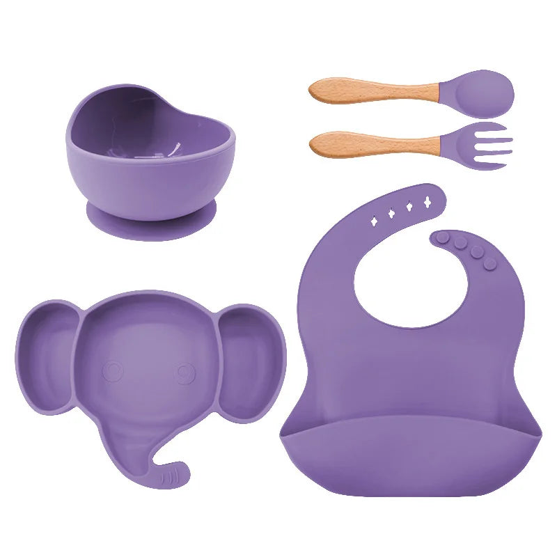 5 Pieces violet Silicone Baby Feeding Set | Anti Slip Baby Utensils