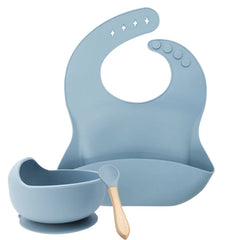 Blue 3-Piece Baby Feeding Set | Silicone Bib and Bowl