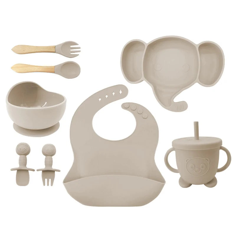 8 Piece Beige Silicone Baby Feeding Set | Anti Slip Baby Utensils