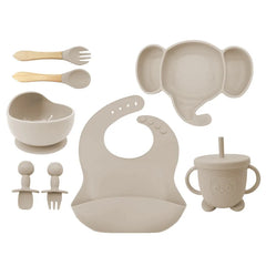 8 Piece Beige Silicone Baby Feeding Set | Anti Slip Baby Utensils