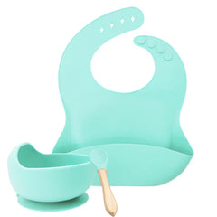 Cyan 3-Piece Baby Feeding Set | Silicone Bib and Bowl