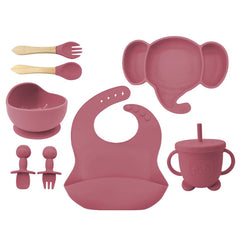 8 Piece Dark pink Silicone Baby Feeding Set | Anti Slip Baby Utensils