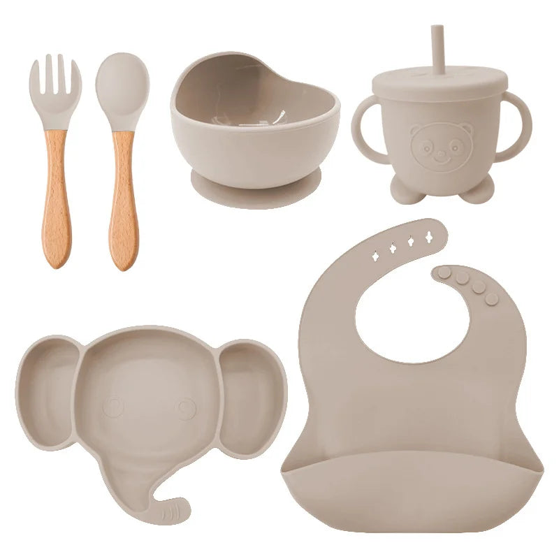 6 Pieces Beige Silicone Baby Feeding Set | Anti Slip Baby Utensils