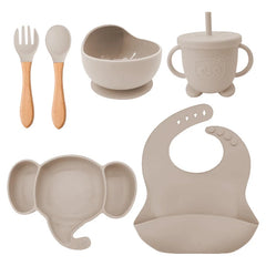 6 Pieces Beige Silicone Baby Feeding Set | Anti Slip Baby Utensils